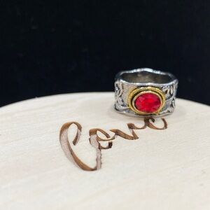 Silver and Gold Ring with Red Gemstone